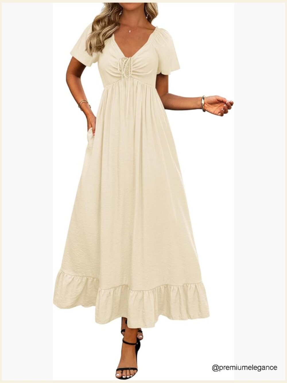 V-Neck Maxi Dress With Pockets, Short Sleeve A-Line Boho Wedding Guest